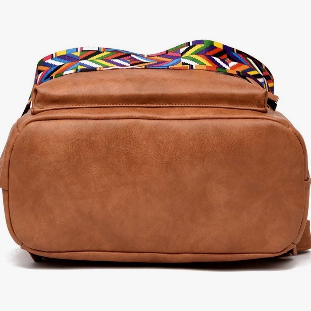 Elegant Tan Backpack with Multicolor Strap - Picture 4 of 4